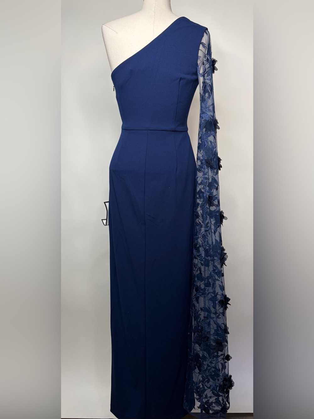 NWT Adrianna Papell Navy One-Shoulder Evening Gown with Floral Appliqué Cape - Picture 5 of 6